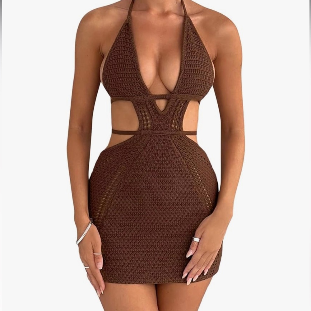Brown Halter Cutout Mini Dress/Suit coverup